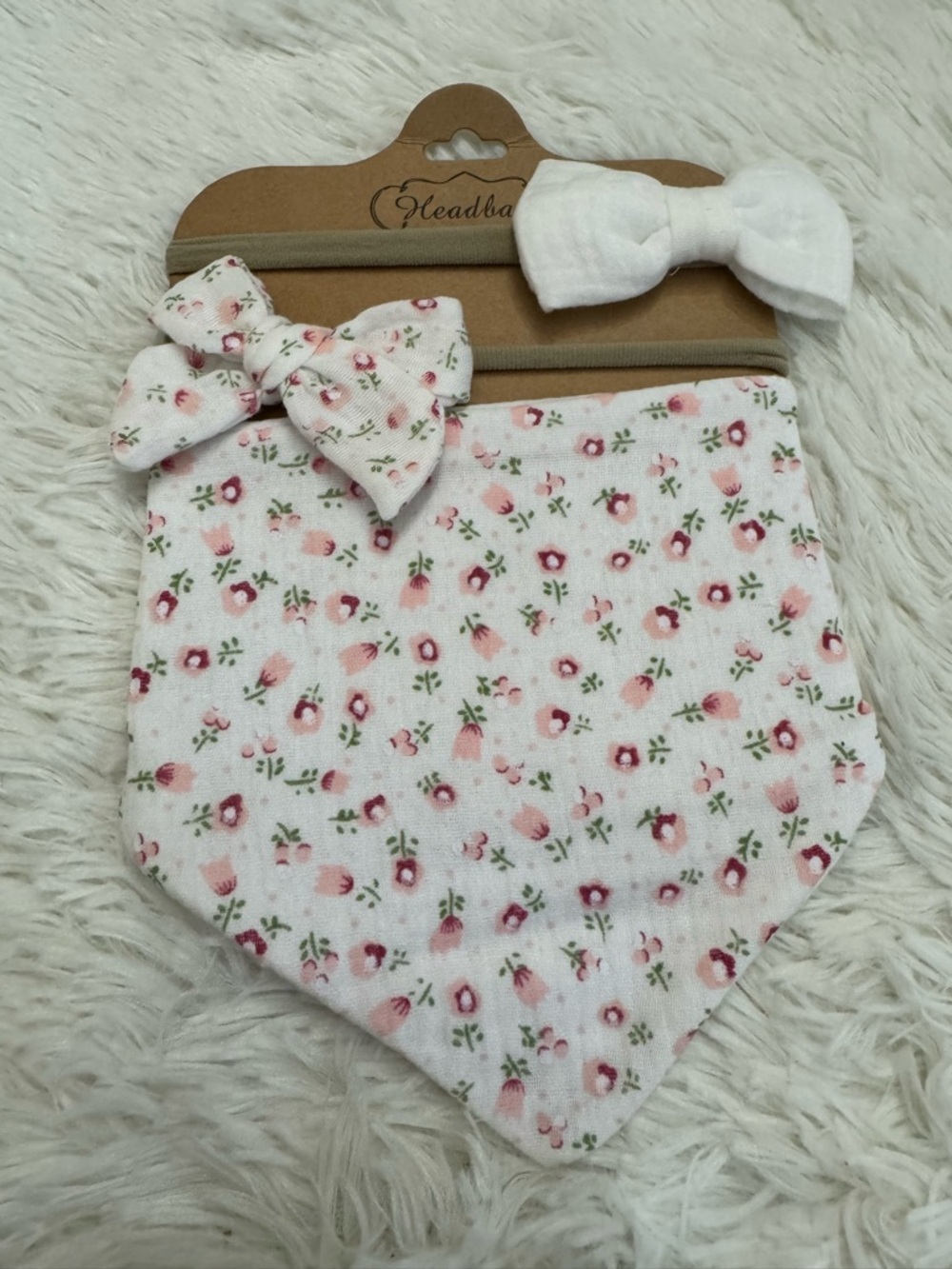 Baby Floral Bandana Bib & Bow Headband Set in White and Pink - Kids Accessories